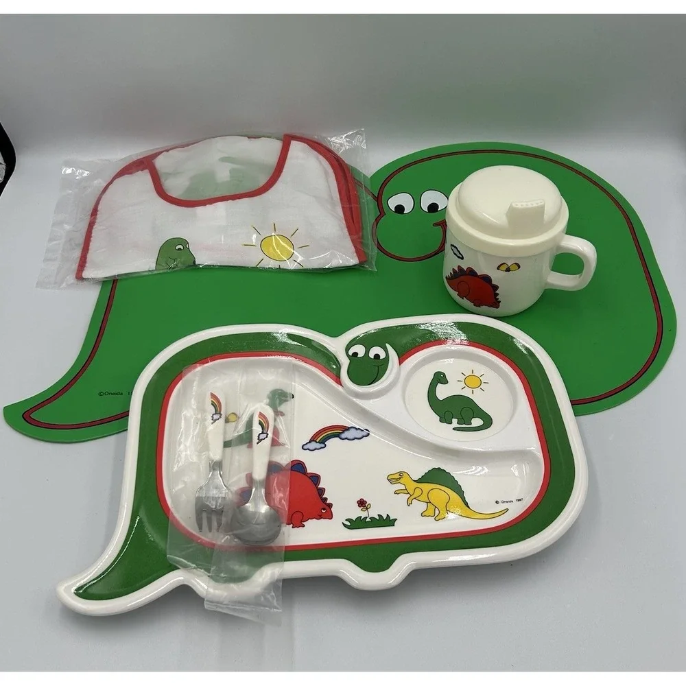 Oneida Dinosaur Toddler Plate Plastic Divided‎ Food Fun Kids Set Vintage 1987